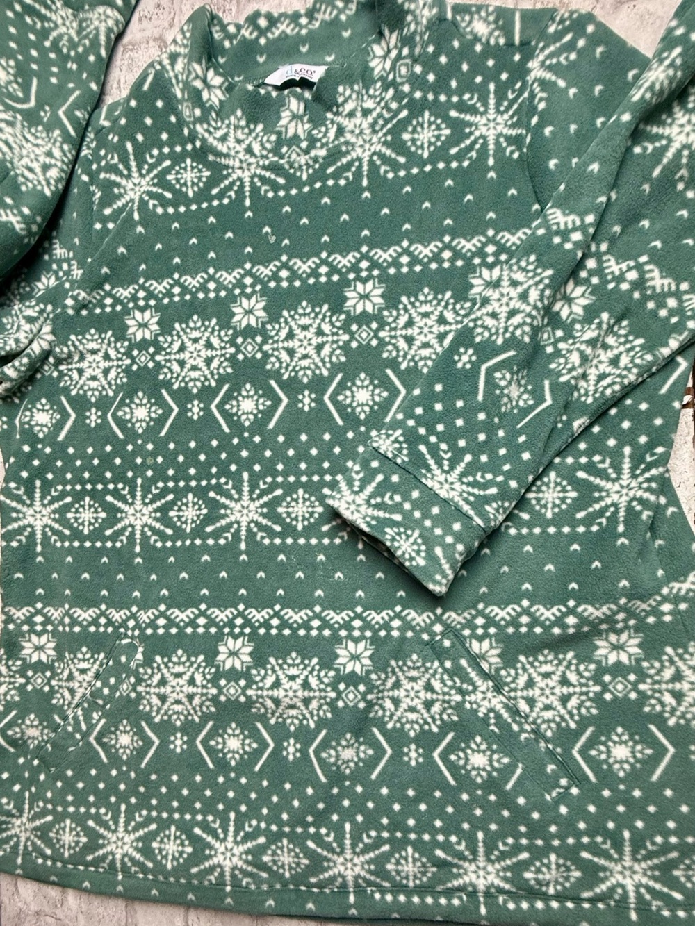 d&co. Women's Green/White Fair Isle Fleece Pullover Sweater Crew Neck L 😍